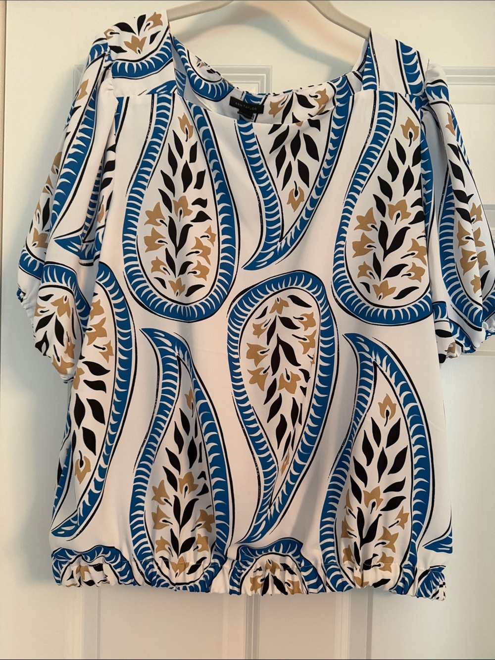 Ann Taylor White Blouse with Blue and Gold Paisley Motif